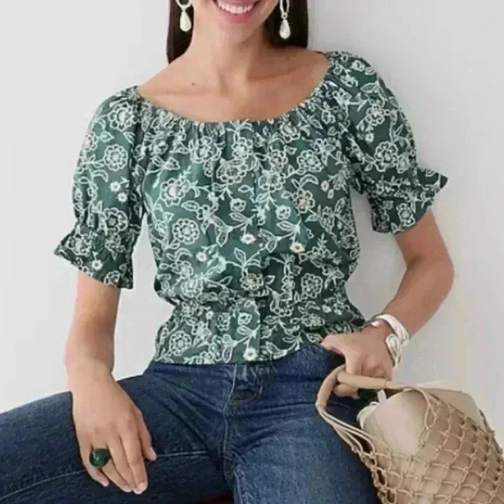 - JCrew gathered scoop neck top in vintage vines